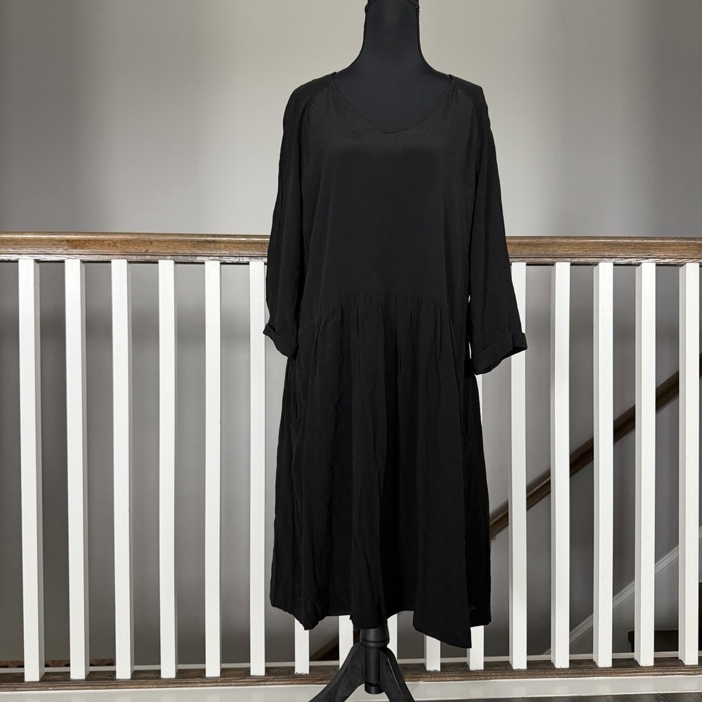 Garnet Hill Womens 16 Black‎ 3/4 Sleeves Cuffed V-Neck Knee Length Dress Pockets